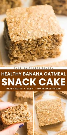 Looking for tasty snack recipes? Here's a healthy baking idea! This Healthy Banana Oatmeal Snack Cake is guilt-free, moist, and full of flavor. It's also easy to make! This banana oatmeal cake is great as a morning breakfast idea, too! Healthy Banana Snacks, Healthy Blueberry Cheesecake, Healthy Vanilla Cake, Banana Oatmeal Cake, Clean Eating Cake Recipes, Ripe Banana Recipes Healthy, Healthy Banana Cake