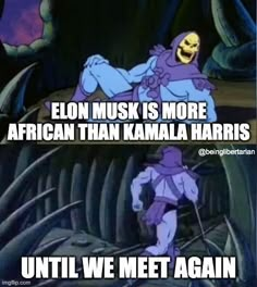 an animated scene with the caption that reads, elon musk is more african than kaala harris until we meet again again