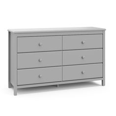 a gray dresser with four drawers and two doors on the bottom drawer, in front of a white background