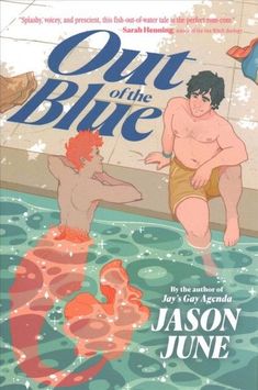 the cover of out of the blue, with two men in swimming trunks and one man on