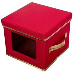 a red storage box with gold trimmings