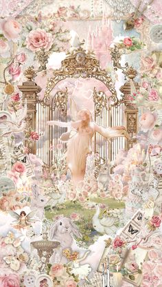 a collage of pink and white flowers with an angel in the middle surrounded by other items