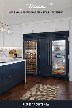 a refrigerator with its door open and the words, make your refrigeration a style statement request a quote now