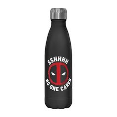 a black water bottle with the deadpool logo on it