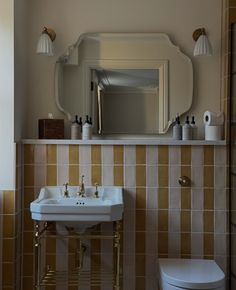 Powder Room Under The Stairs, Rust And Blue Bathroom, Narrow Powder Room, Downstairs Toilet Ideas, Sicily House, Small Powder Bathroom Ideas, Tiny Powder Room, Nashville House, Primary Bathroom