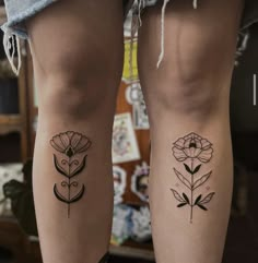 two tattoos on the legs of people with flowers