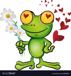 a frog holding a flower with hearts coming out of its eyes