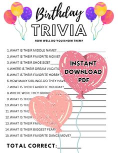 a birthday trivia with balloons on it