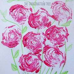 a drawing of pink flowers on white paper with green leaves and the words, the imagination tree