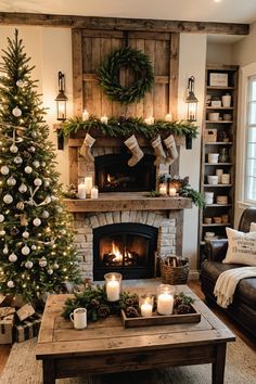 a living room filled with furniture and a fire place next to a christmas tree in front of a fireplace