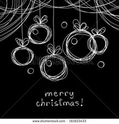 merry christmas card with ornaments hanging from strings on the black background, hand drawn illustration