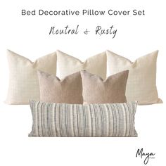 three pillows and one pillow cover set with text that reads bed decorative pillow cover set neutral + rusty