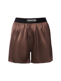 Logo silk satin mini shorts - Tom Ford - Women  | Luisaviaroma Tom Ford Logo, Ford Logo, Versace Brand, Mini Shorts, Swim Accessories, Shearling Jacket, Ski Wear, Swimwear Tops, Silk Satin