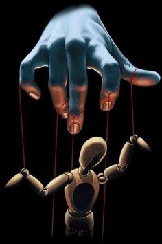 an image of a hand reaching out to another person with two hands holding strings in front of them