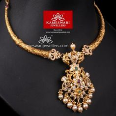 Kameswari Jewellers, Necklaces Ideas, Jewerly Bracelets, Gold Jewelry Simple Necklace, Antique Jewelry Indian, Gold Pendant Jewelry, Wedding Jewellery Collection, Antique Gold Jewelry, Pearl Jewelry Necklace