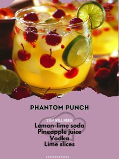 Lemon-lime soda 2 cups\nPineapple juice 1 cup\nVodka 0.5 cup\nLime slices 1\nMaraschino cherries 1/4 cup\nIce cubes as needed\nMix lemon-lime soda, pineapple juice, and vodka in a pitcher. Add lime slices and maraschino cherries. Chill and serve over ice.\n#HalloweenDrinks #SpookySips2016 Vodka Lime, Maraschino Cherries, Yummy Alcoholic Drinks, Lemon Lime Soda, Lime Soda, Halloween Drinks, Halloween Treat, Maraschino Cherry, Drinks Alcohol Recipes