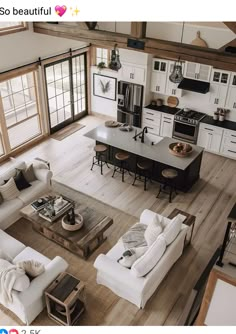 an aerial view of a living room and kitchen