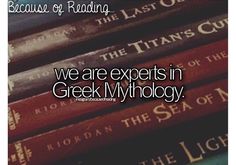 books stacked on top of each other with the words we are experts in greek mythology