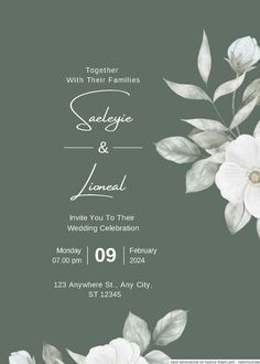 an elegant wedding card with white flowers and greenery on the front, in grey tones