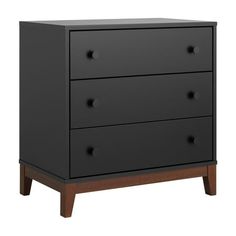 a black dresser with three drawers and two wooden legs, on an isolated white background