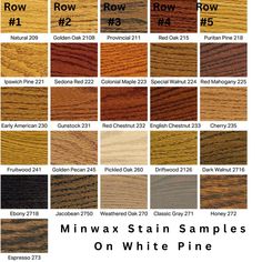 the different stain samples on white pine are available in various colors and sizes, including brown,