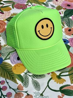 Smiley Face Trucker Hat | Etsy Novelty Green Adjustable Hat, Adjustable Green Novelty Hat, Playful Green Snapback Baseball Cap, Fun Green Baseball Cap With Curved Brim, Playful Green Baseball Cap One Size, Fun Green Adjustable Baseball Cap, Adjustable Smiley Face Cap, Green Fun Snapback Trucker Hat, Fun Green Snapback Trucker Hat