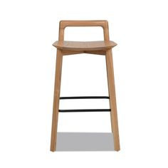 a wooden bar stool with a black leather seat and backrest, against a white background