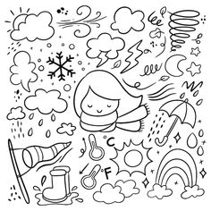 a black and white drawing of different things in the sky with clouds, snowflakes, raindrops