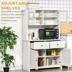 a kitchen cabinet with shelves and cupboards on the bottom shelf, next to a potted plant