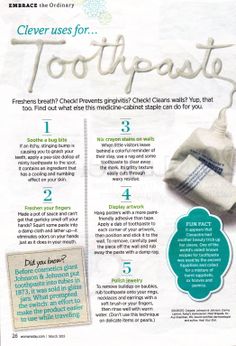 Clever Uses For Toothpaste Uses For Toothpaste, Bug Bites, Cleaning Walls, Medicine Cabinet, The Ordinary, Helpful Hints, Toothpaste, Did You Know, Quick Saves