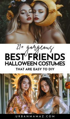 two women wearing sunflowers with text that reads, best friends halloween costumes that are easy to diy