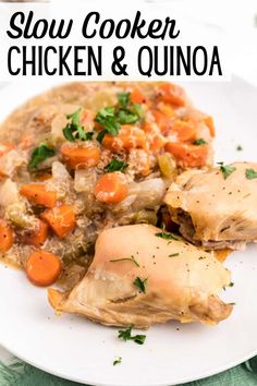 slow cooker chicken and quinoa on a white plate with text overlay