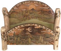 a wooden headboard with an artistic painting on the top and bottom part of it