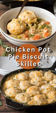 chicken pot pie biscuit skillet with text overlay