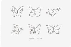 six different types of butterfly tattoos on a white background with the words grace tattoo written in black ink