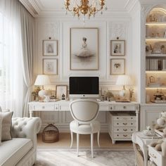 an elegant white home office with chandelier and pictures on the wall above it