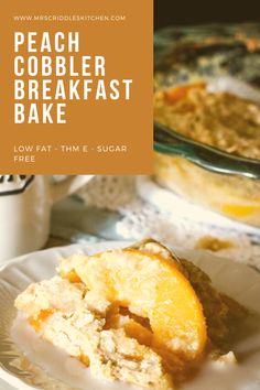 peach cobbler breakfast bake on a white plate with a cup of coffee in the background