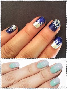 two pictures of different nail designs with blue and white flowers on them, one is in the