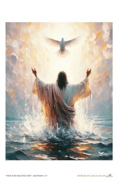 a painting of jesus standing in the water with his arms spread out and hands outstretched