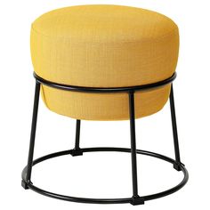 a yellow stool with black metal legs and a round cushion on the top, sitting in front of a white background