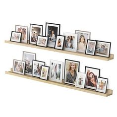 multiple frames are arranged on a shelf with photos