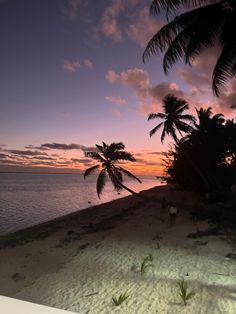 the sun is setting on the beach with palm trees