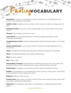 an orange and black poster with the words painting vocabulary on it's side