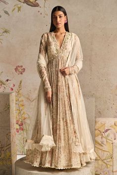 Ridhi Mehra-Flair Ivory Printed Anarkali And Dupatta-INDIASPOPUP.COM Printed Anarkali, Long Anarkali, Desi Clothes, Indian Dresses Traditional