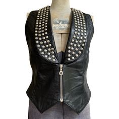 Genuine Leather Moto Vest With Silver Tone Studded Embellishments In Rounded Lapels. Chunky Exposed Front Zipper. Size Small. True To Size. Moto Vest, Leather Moto, Vintage Jackets, Vintage Jacket, Leather Jackets, Front Zipper, Vintage Black, Black Silver, Vintage Ladies