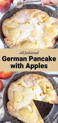 an old fashioned german pancake with apples is shown in the foreground and on the right