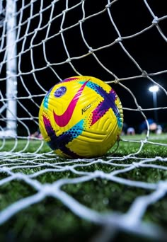 a soccer ball sitting on top of a green field next to a goalie net