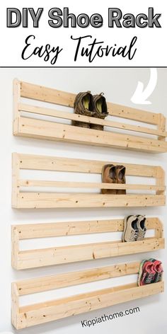 Four wall mounted DIY wood shoe racks with shoes Diy Wooden Shoe Rack, Rak Sepatu Diy, Shoe Rack Diy, Shoe Rack Wall, Wooden Shoe Rack, Wooden Shoe Racks