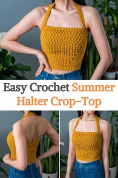 the easy crochet summer halter crop top is made from two different types of yarn