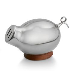 a silver object with a wooden base on a white background